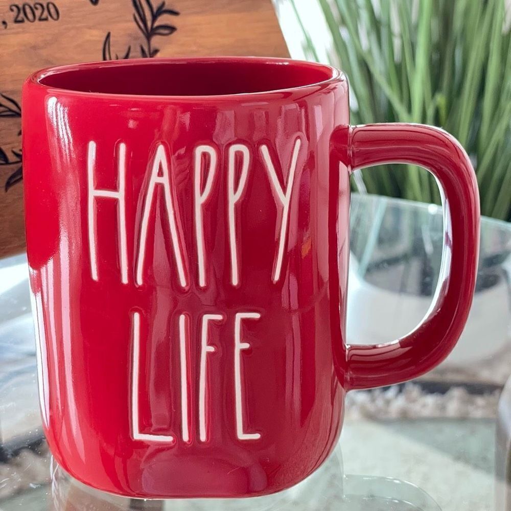 Rae Dunn Happy Life Red Ceramic White Letters Mug Beautiful Inspirational Gift